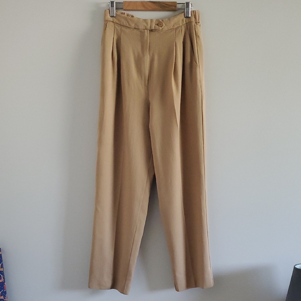 Bellessa Vintage Tan Virgin Wool High Waist Straight Leg Tailored Trousers XS